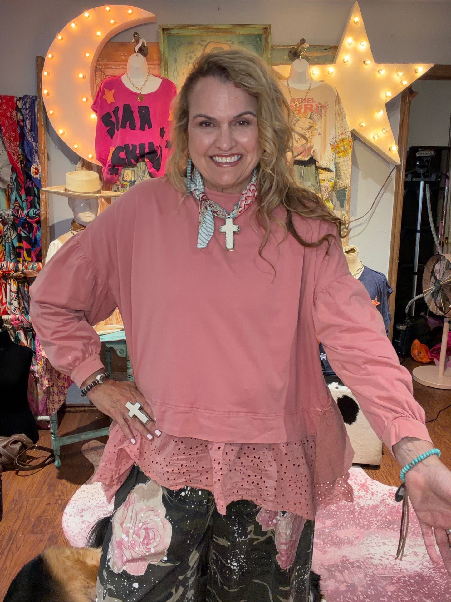 Blue Velvet Dusty Rose Round Neck Long Sleeve Multi Fabric Top