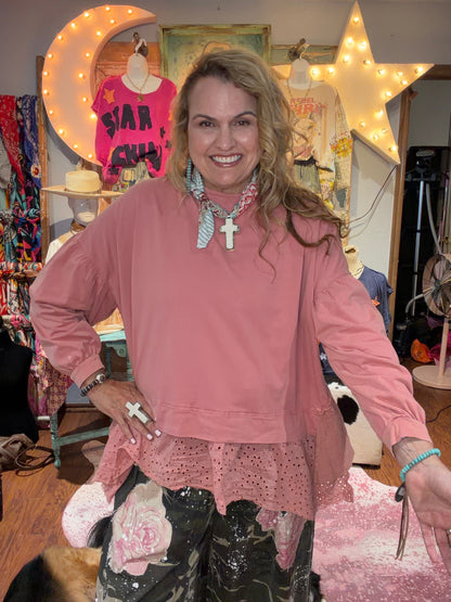 Blue Velvet Dusty Rose Round Neck Long Sleeve Multi Fabric Top