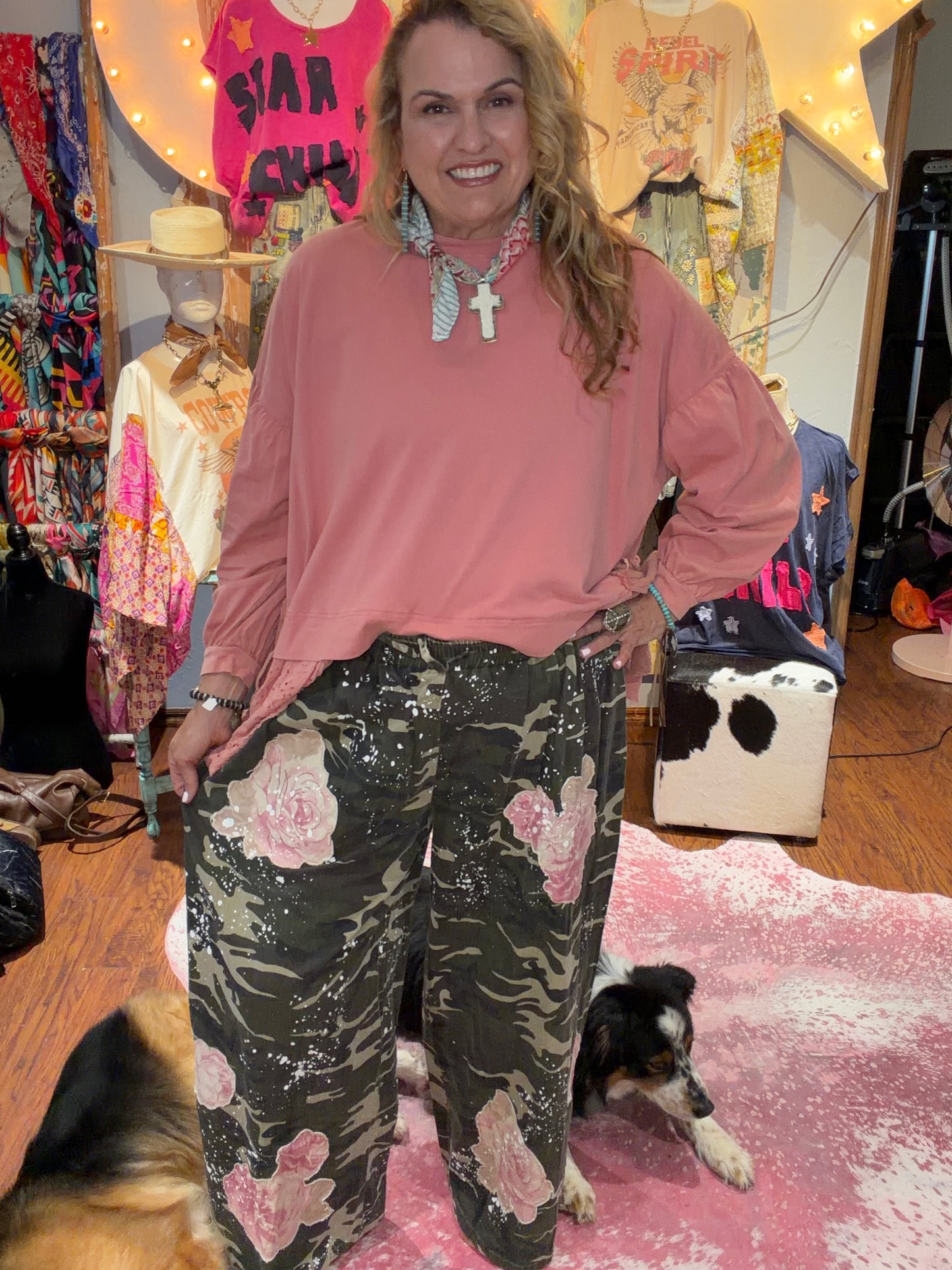 Blue Velvet Camo Print Flower Wide Leg Pants