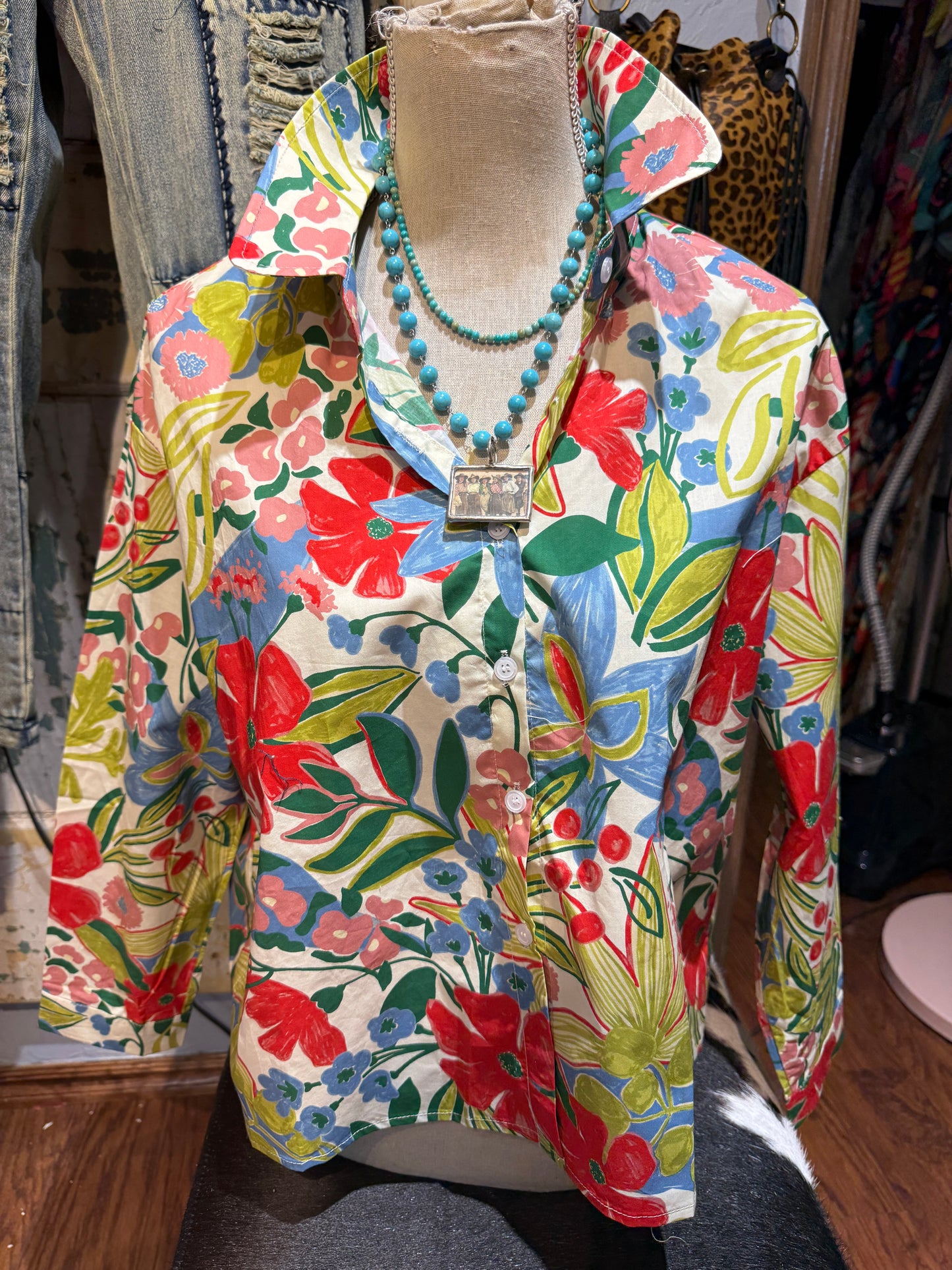 Blue Floral Button Up Top