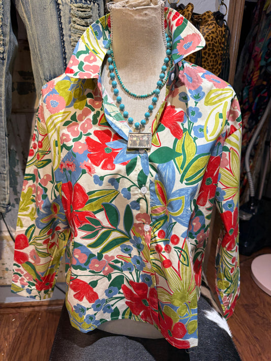 Blue Floral Button Up Top