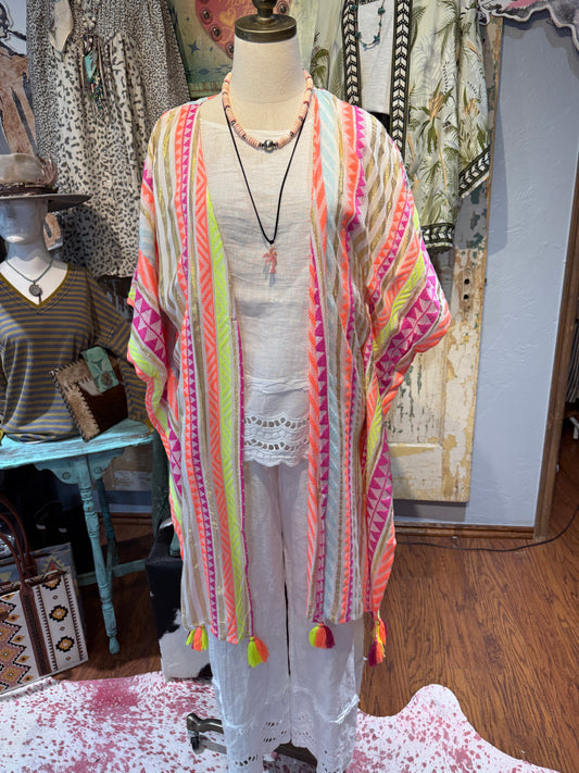Multi Color Kimono with Tassels and Metallic Gold Stripes
