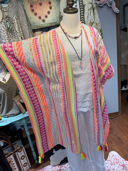 Multi Color Kimono with Tassels and Metallic Gold Stripes