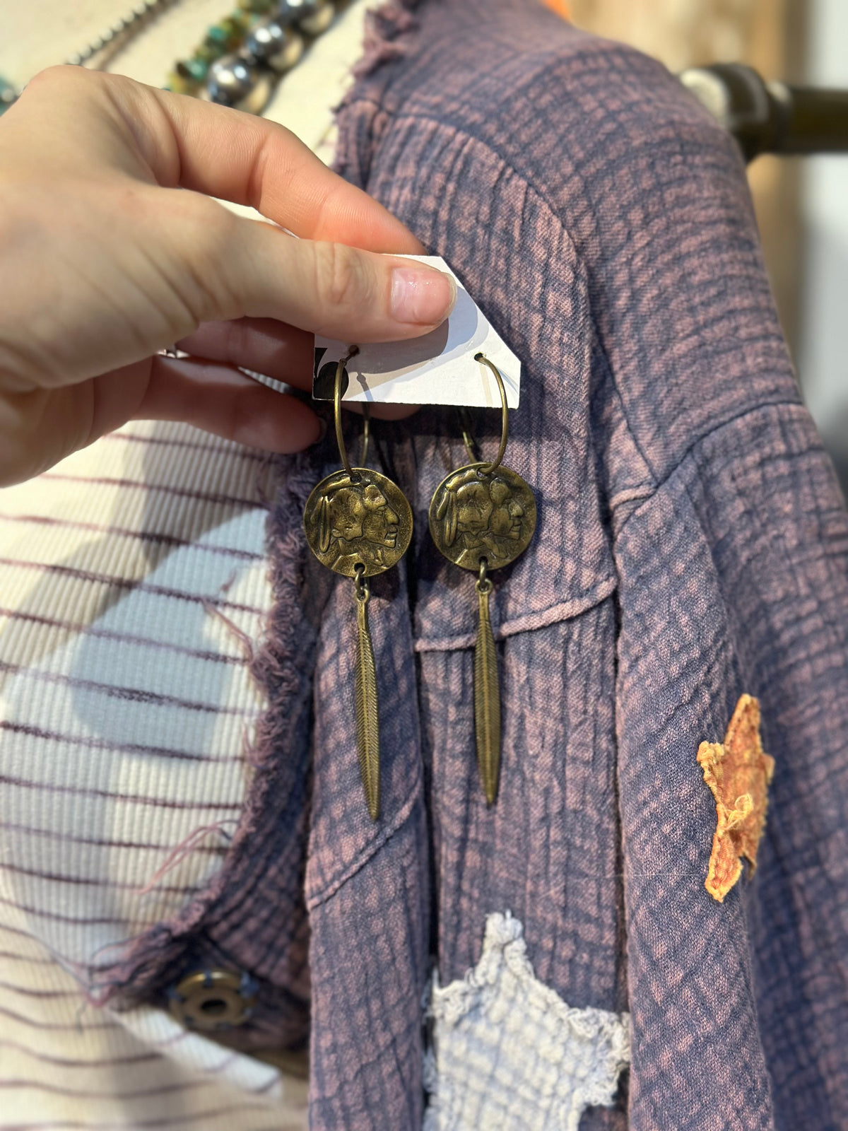 Sandra Ling Bronze Chief & Feather Earrings