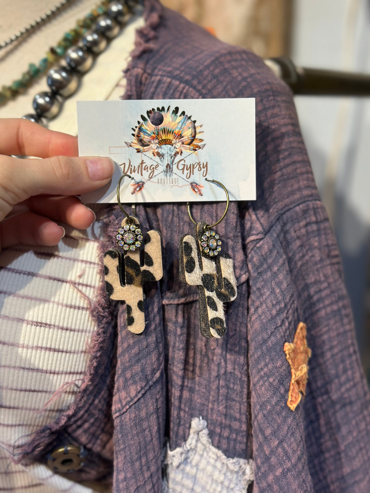 Cheetah Cowhide Cactus Earrings