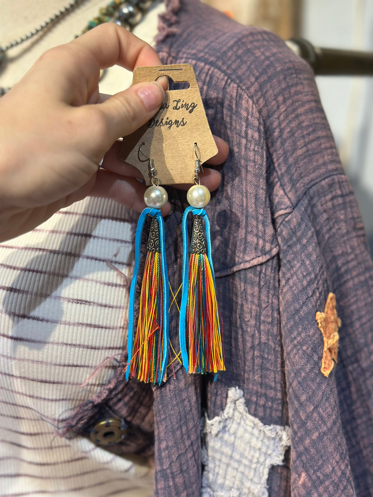 Sandra Ling Turquoise Leather & Fringe Earrings