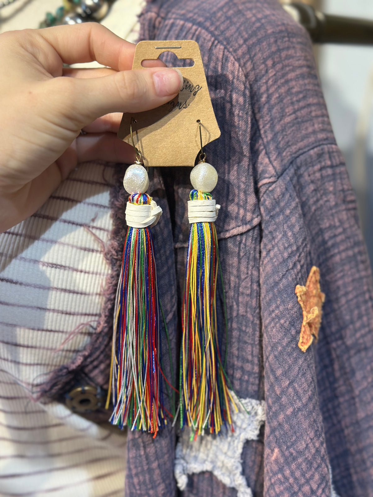 Sandra Ling White Leather & Fringe Earrings
