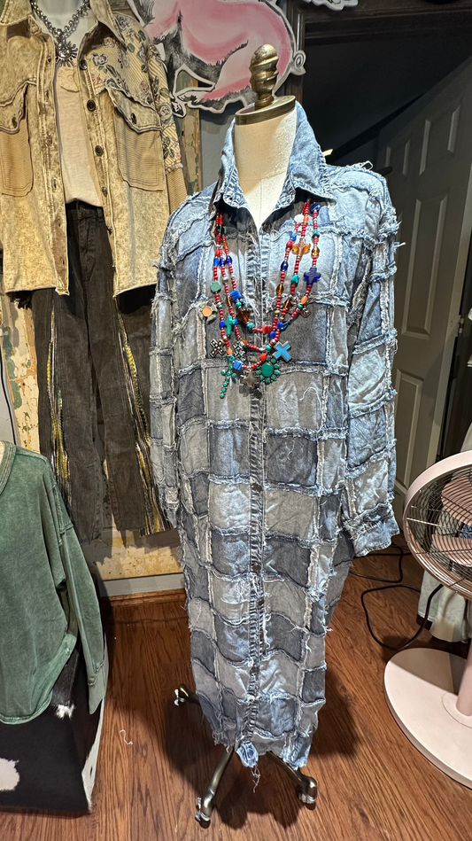 Washed Square Patch Tencel Shirt Dress Denim