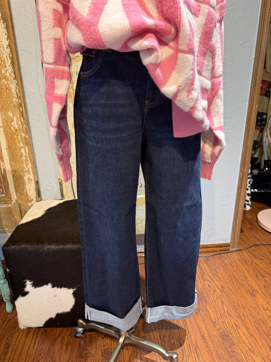 Risen Mid Rise Wide Ankle Roll Up Jeans
