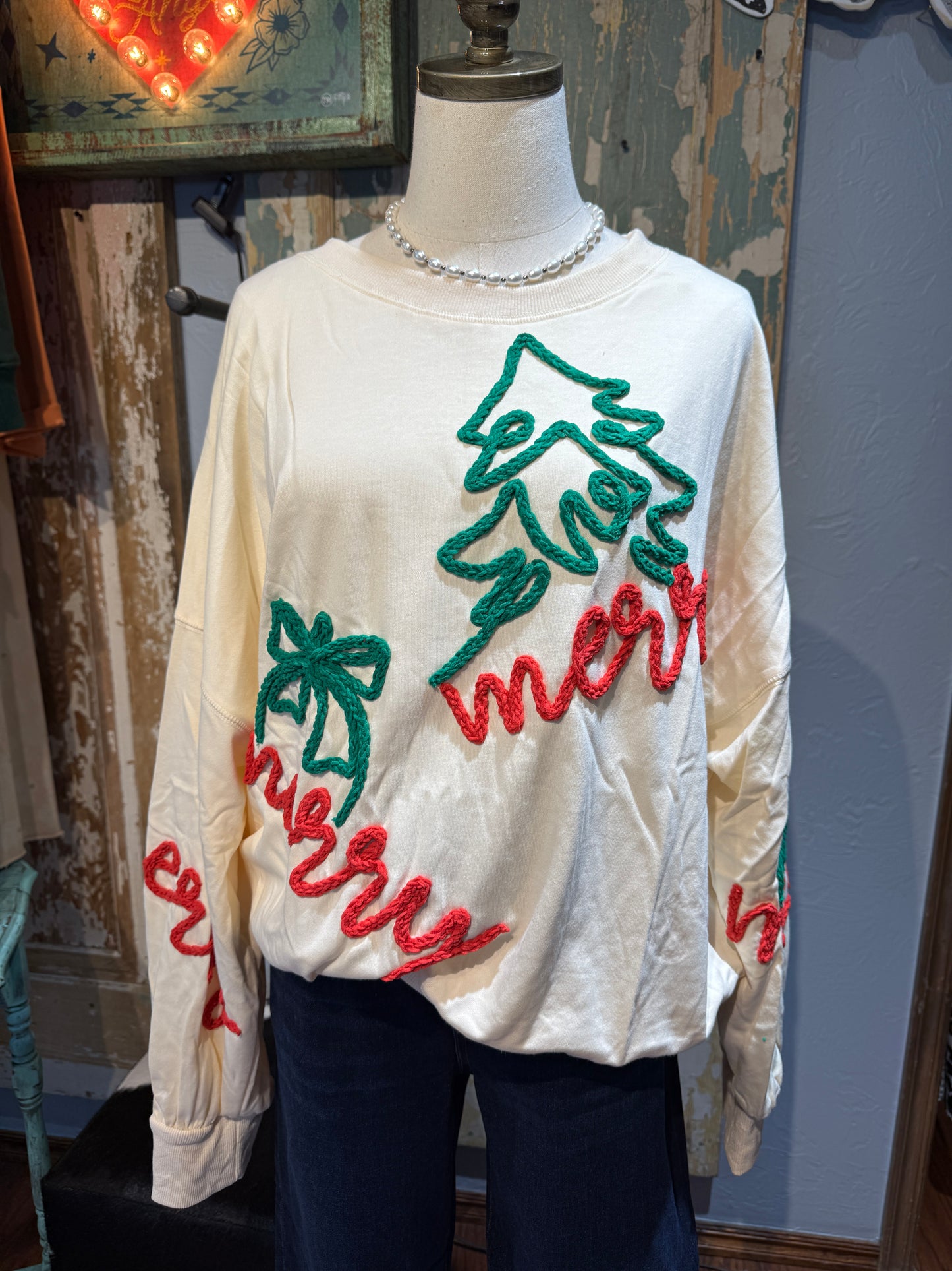 Christmas Tree and Ornaments "Merry" Embroidered Oversized Sweatshirt