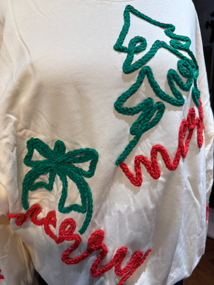 Christmas Tree and Ornaments "Merry" Embroidered Oversized Sweatshirt