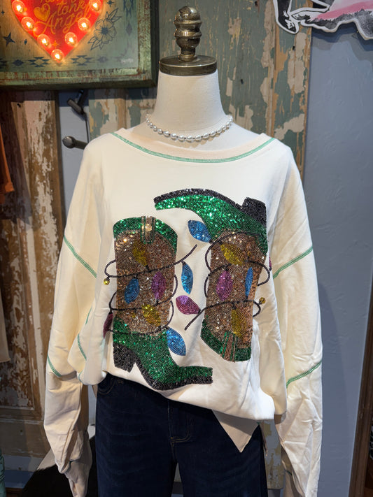 Sequin Boots with Christmas Lights Oversized Sweatshirt