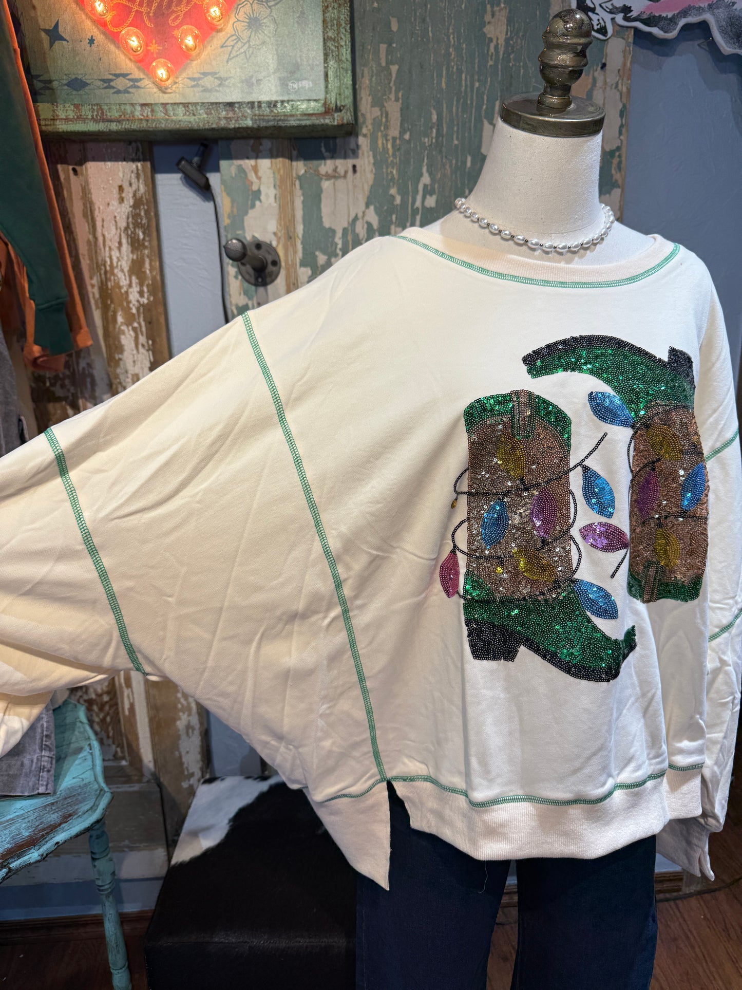 Sequin Boots with Christmas Lights Oversized Sweatshirt