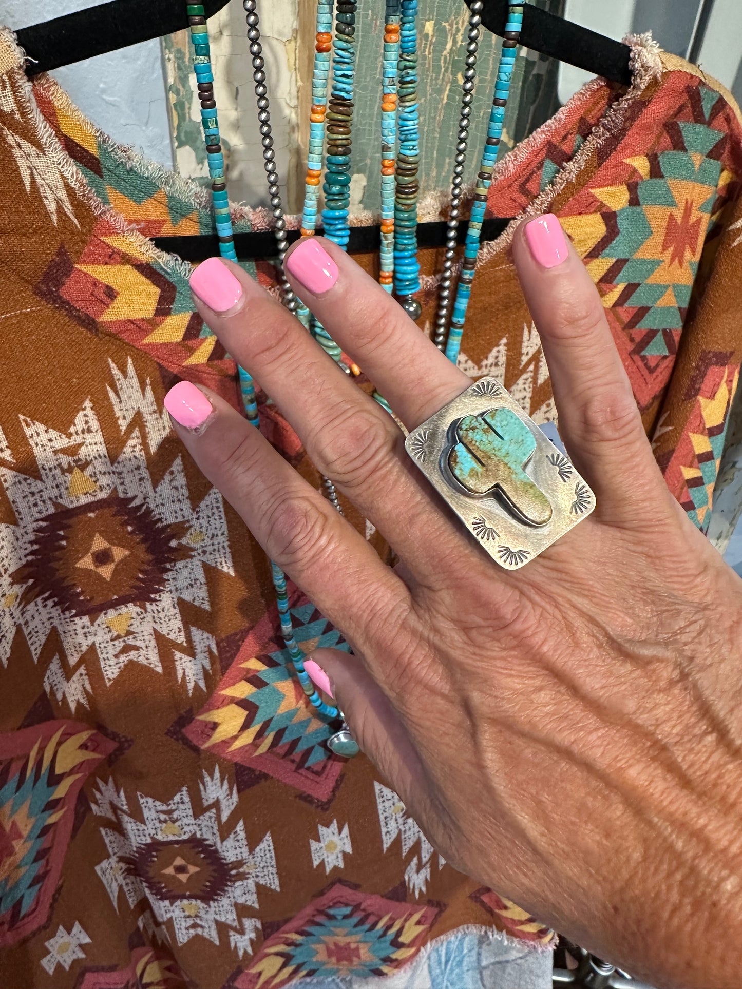 Kingman Turquoise Cactus Navajo Sterling Silver Ring Size 8