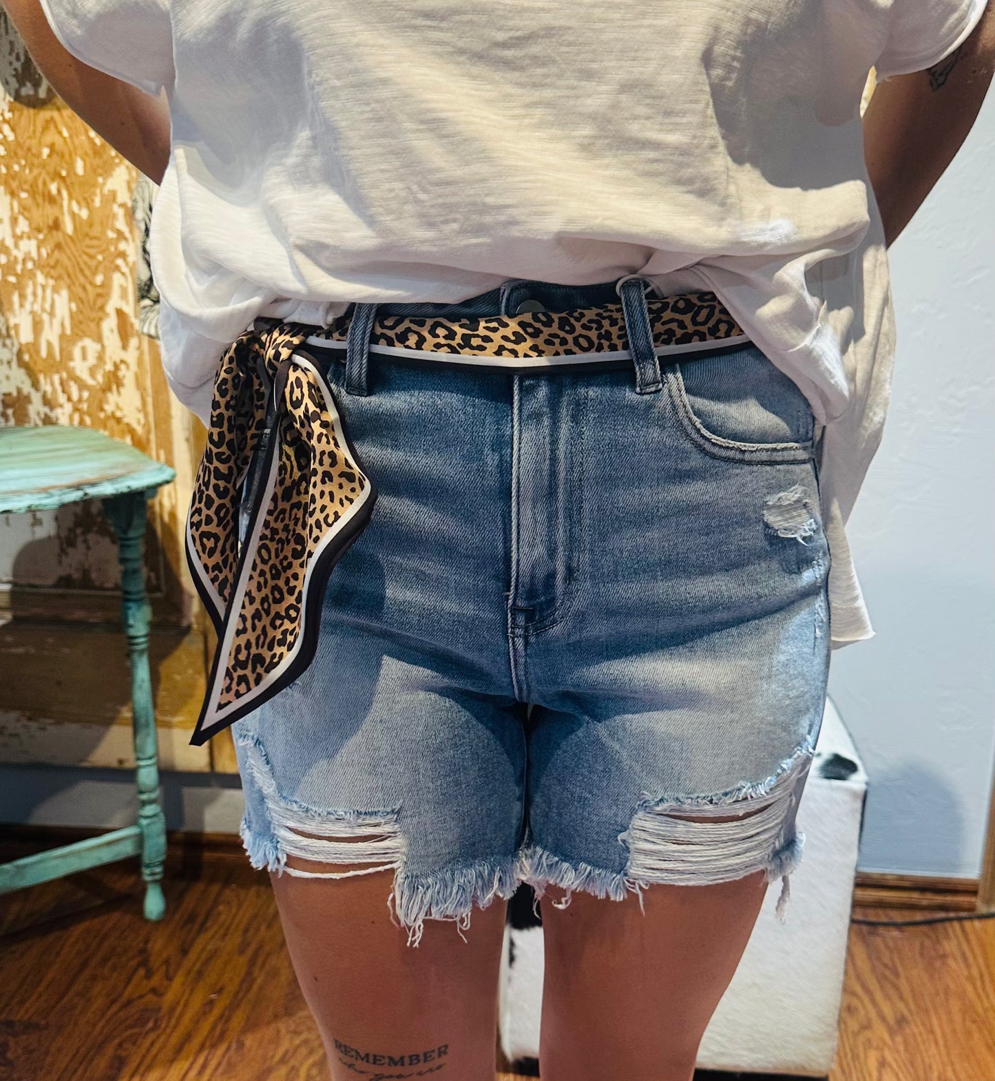 Risen Light High Rise Distressed Mid Thigh Denim Shorts