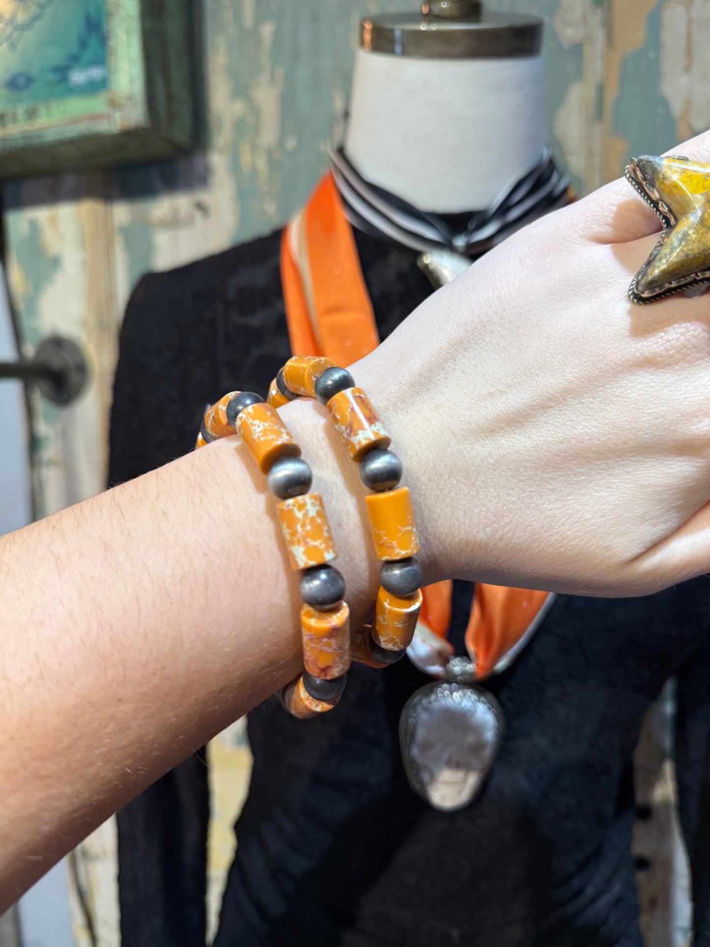 Inspired Orange Spiny Oyster and Pearl Stretchy Bracelet