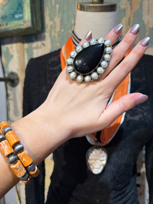 Black Onyx with Freshwater Pearls Teardrop Ring