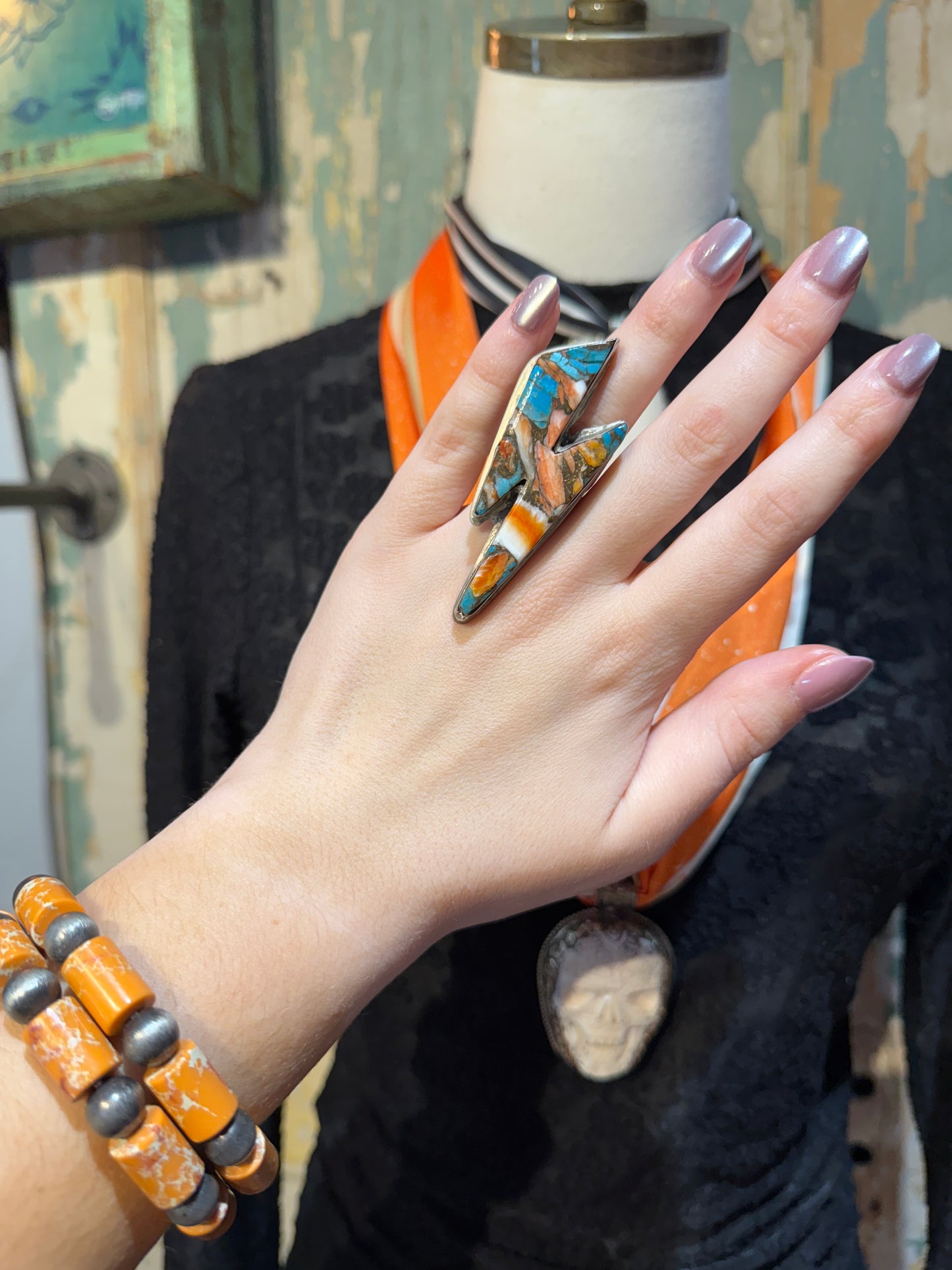 Navajo Handmade Spiny Oyster and Turquoise Lightning Bolt Sterling Silver Ring Size 8