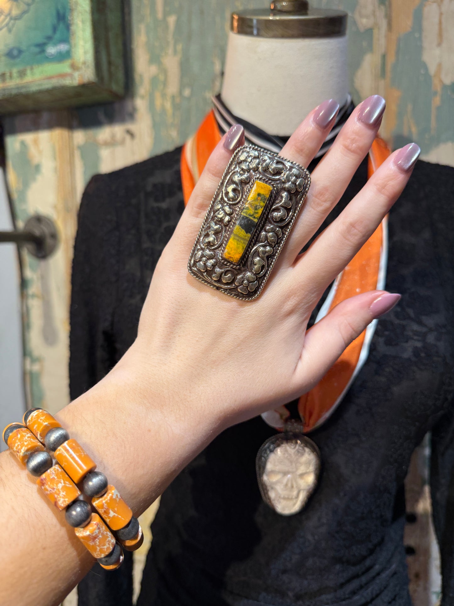 Bumblebee Jasper Tibetan Adjustable Rectangle Ring