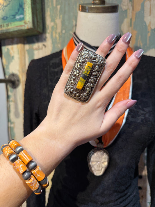 Bumblebee Jasper Tibetan Adjustable Rectangle Ring