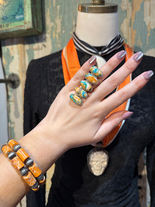 Sterling Silver Compressed Spiny Oyster and Kingman Turquoise Adjustable 5 Stone Ring