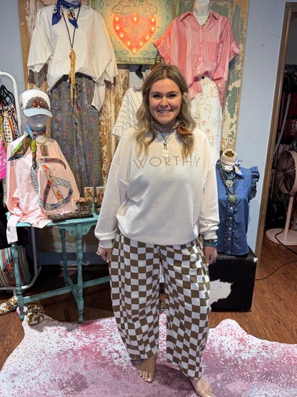 Checkered Print Barrel Pants Mocha