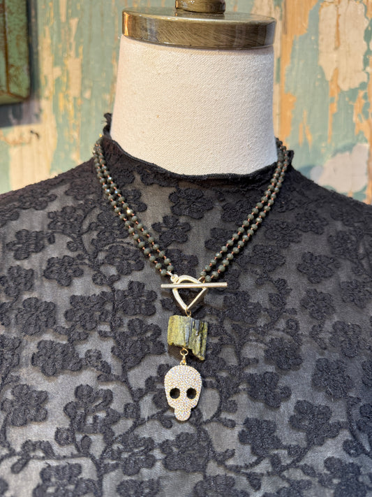 Beaded Crystal Skull Necklace with Horse Bit