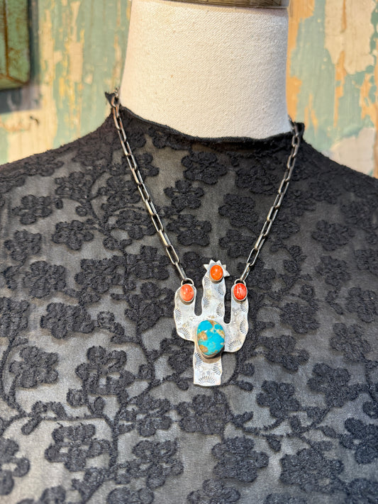 Navajo Made Spiny Oyster and Kingman Turquoise Sterling Silver Cactus Necklace