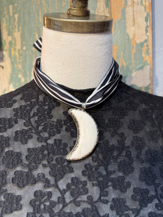 Crescent Moon Bone Tibetan Pendant on Stripe Twilly