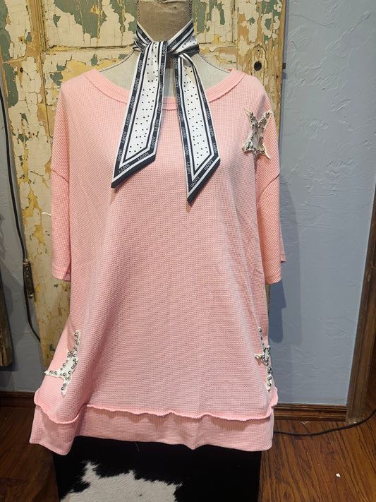 Pink Waffle Knit Star Patch Top