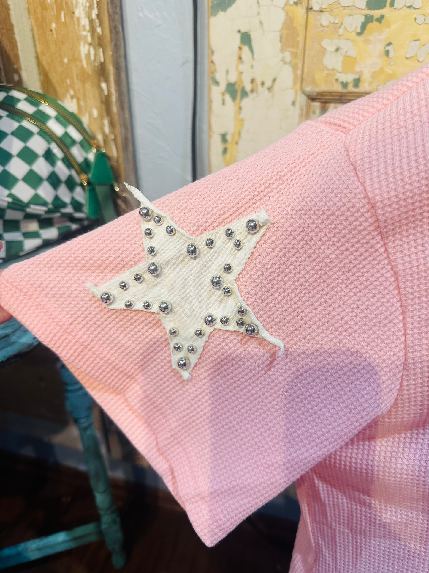 Pink Waffle Knit Star Patch Top