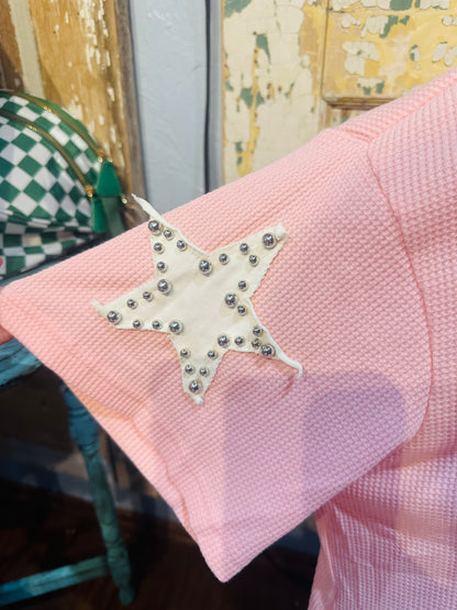 Pink Waffle Knit Star Patch Top