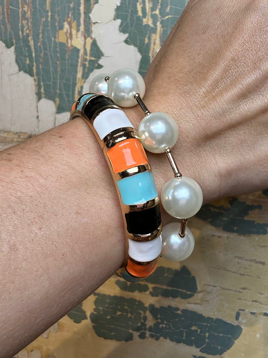 Thin Black, Orange, Turquoise, and White Enamel Magnetic Hinge Bangle