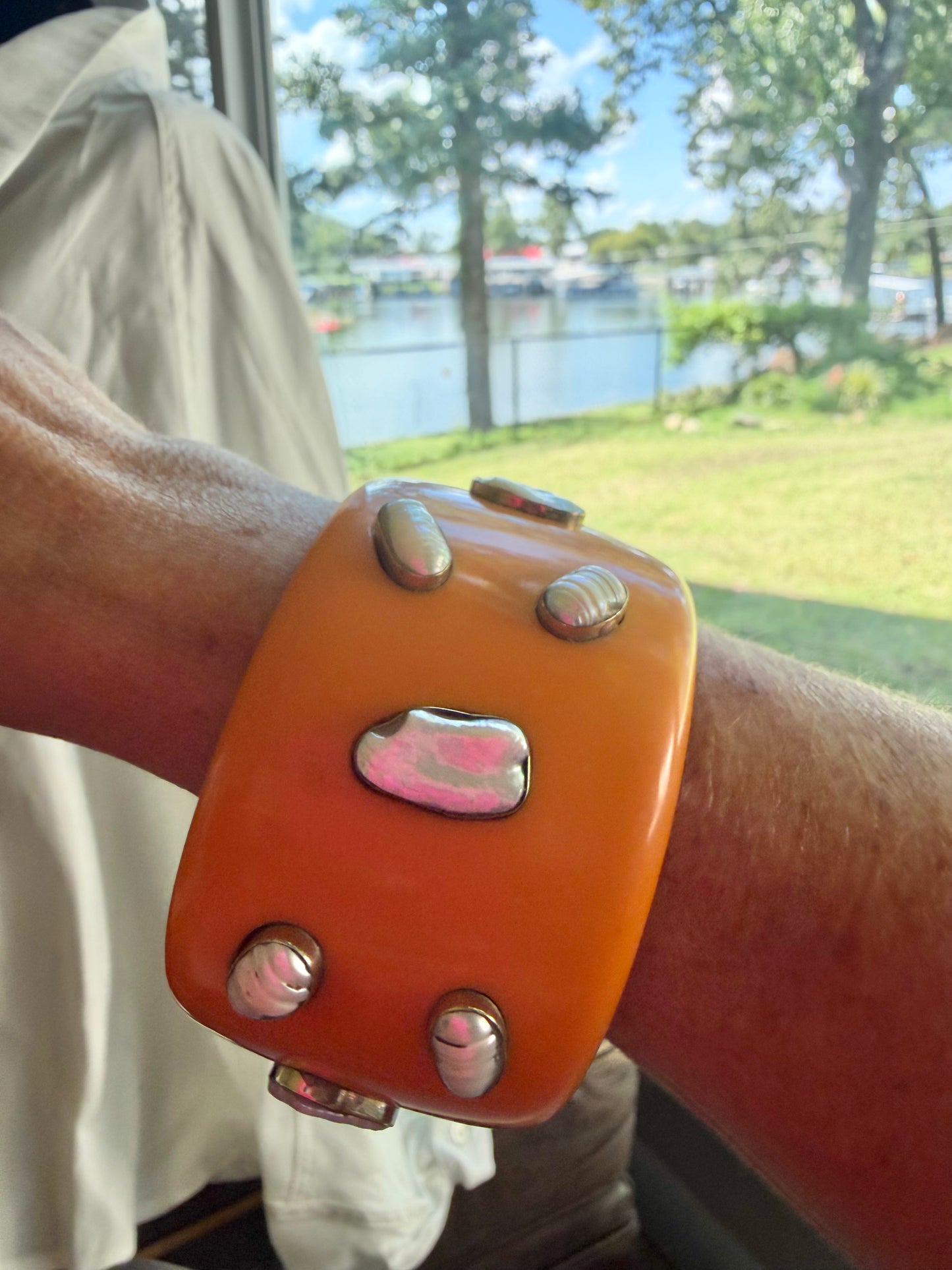 Orange Mother of Pearl & Resin Statement Bangle