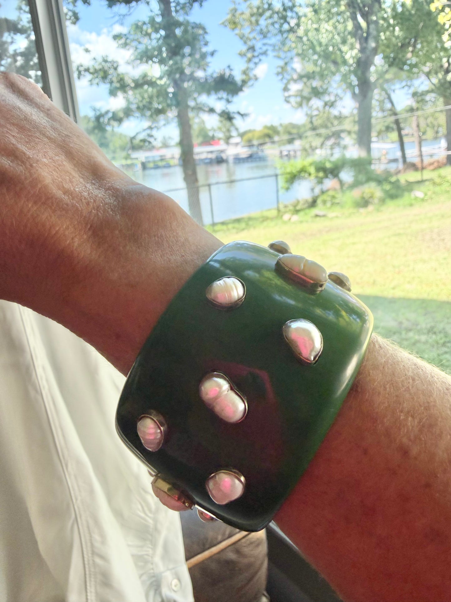 Emerald Green Mother of Pearl & Resin Statement Bangle