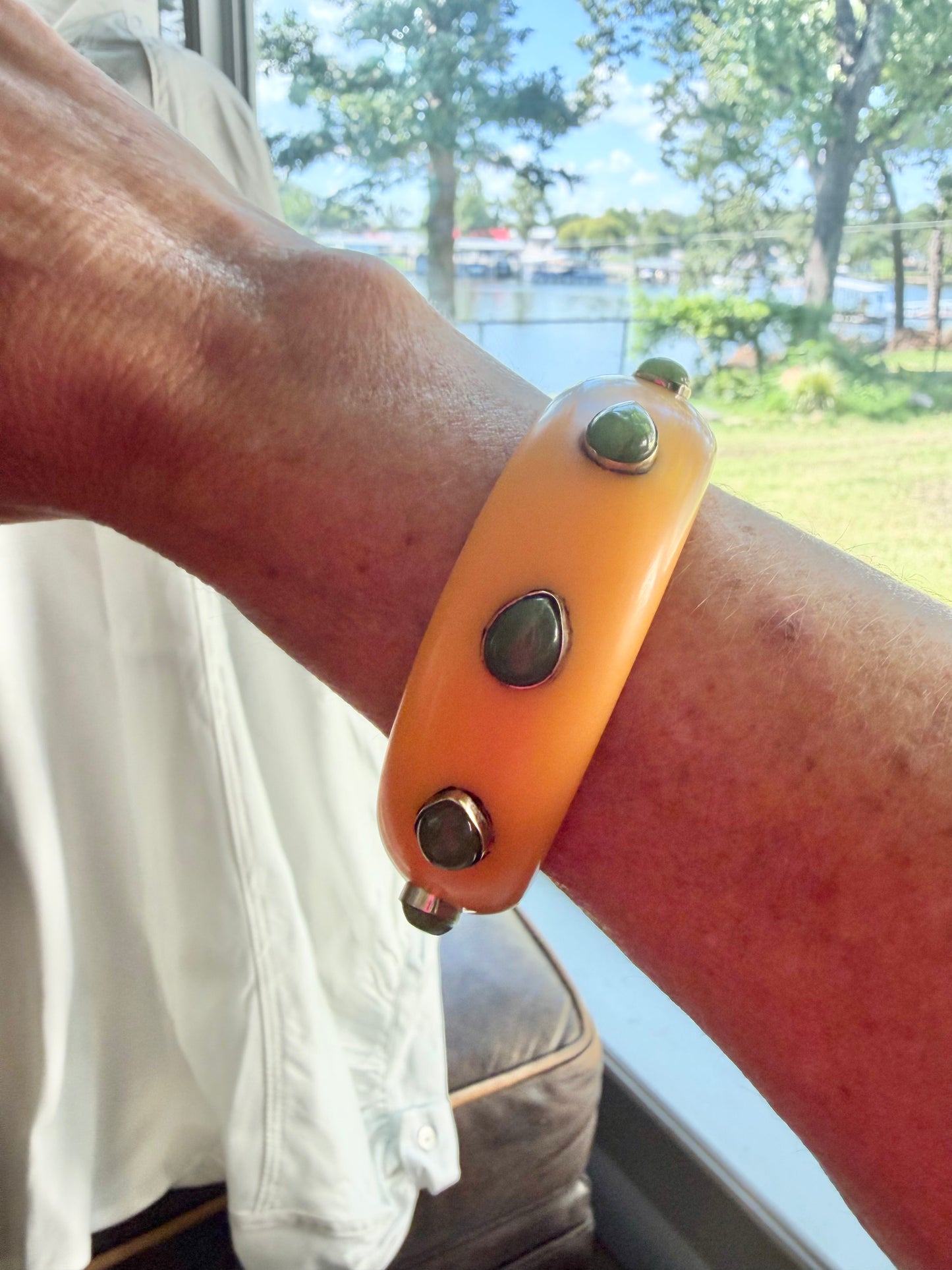 Small Orange Green Stone & Resin Bangle