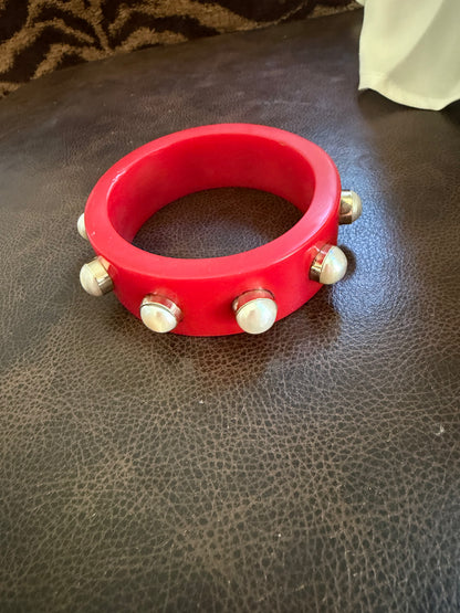 Small Cherry Red Freshwater Pearl & Resin Bangle