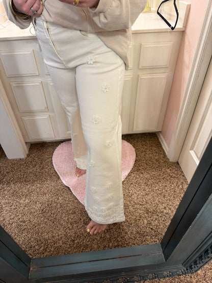 Risen Mid Rise Crop Wide Leg Cream Flower Pants