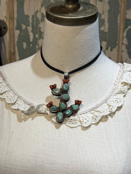 Tibetan Turquoise and Coral Cactus Pendant