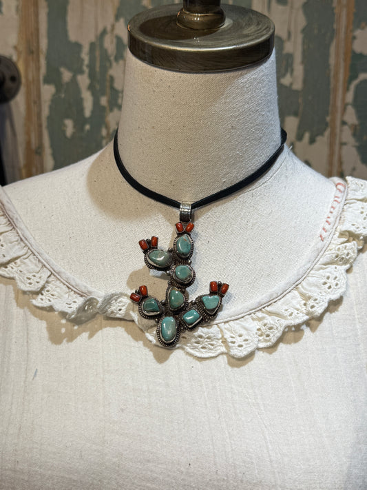 Tibetan Turquoise and Coral Cactus Pendant