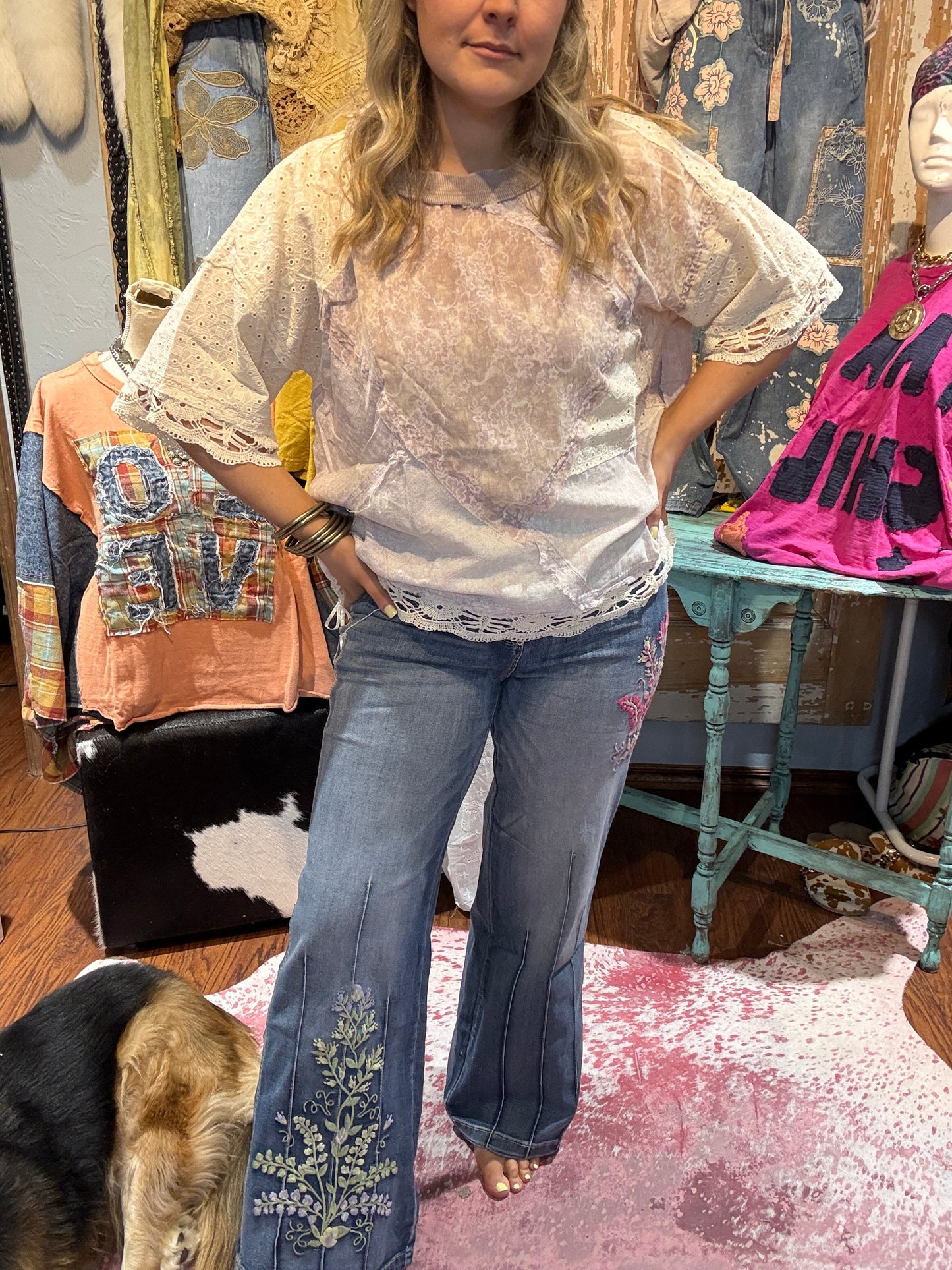 Oli & Hali Colorful Floral Embroidered Darted Pants