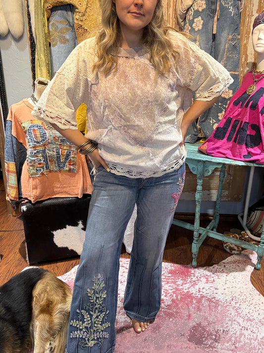 Oli & Hali Colorful Floral Embroidered Darted Pants