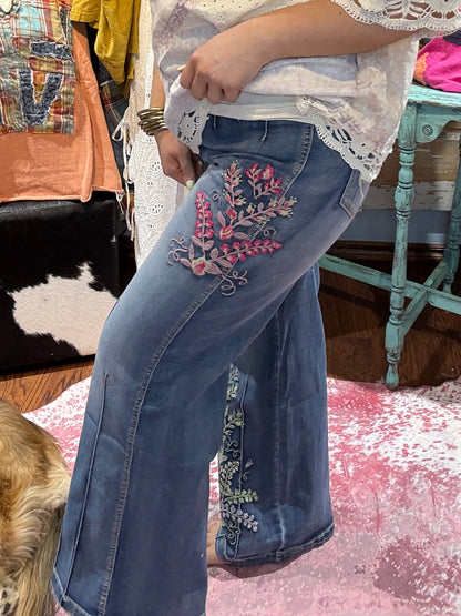 Oli & Hali Colorful Floral Embroidered Darted Pants