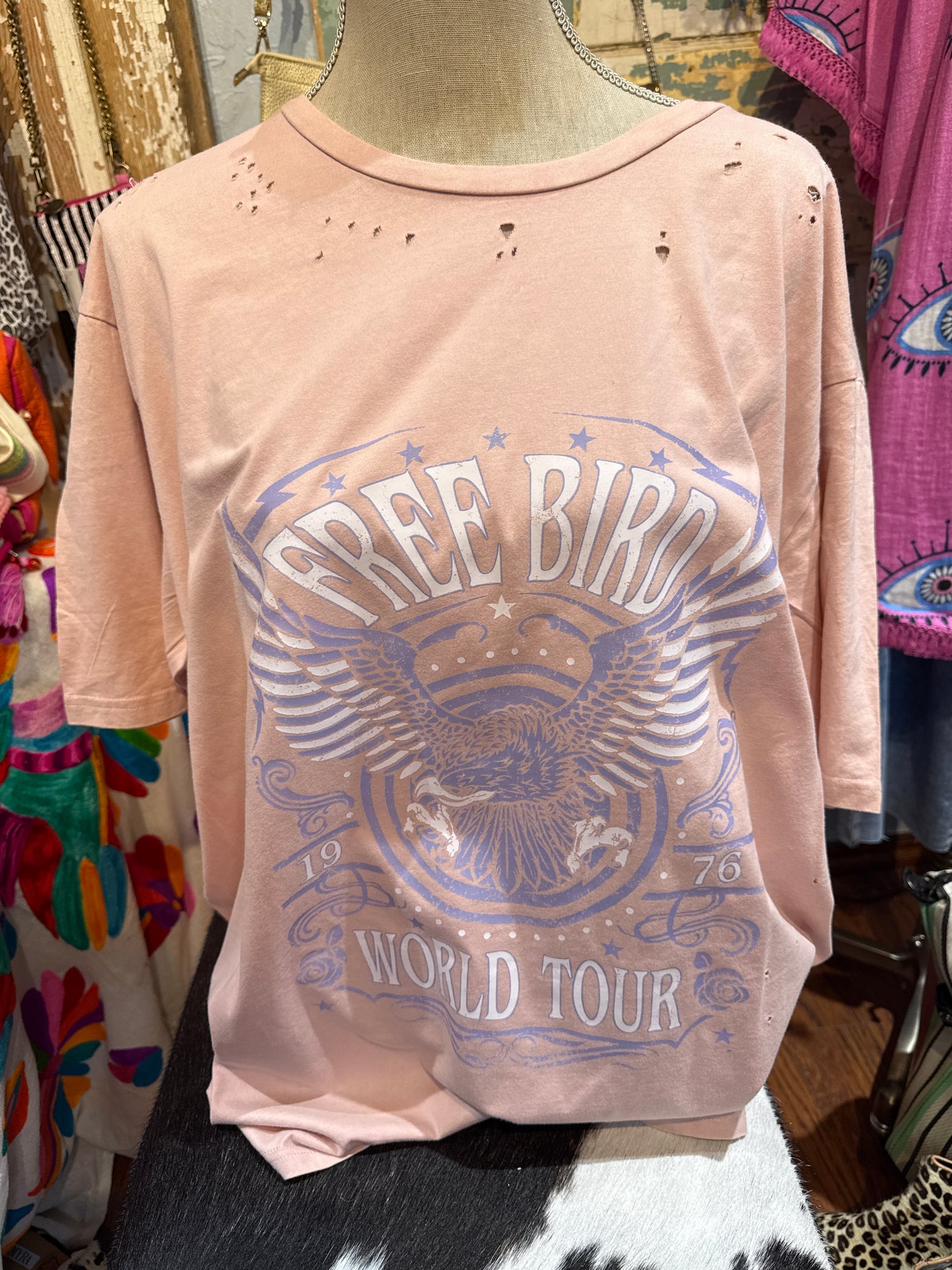 Blue Velvet Pink Free Bird Distressed Tee