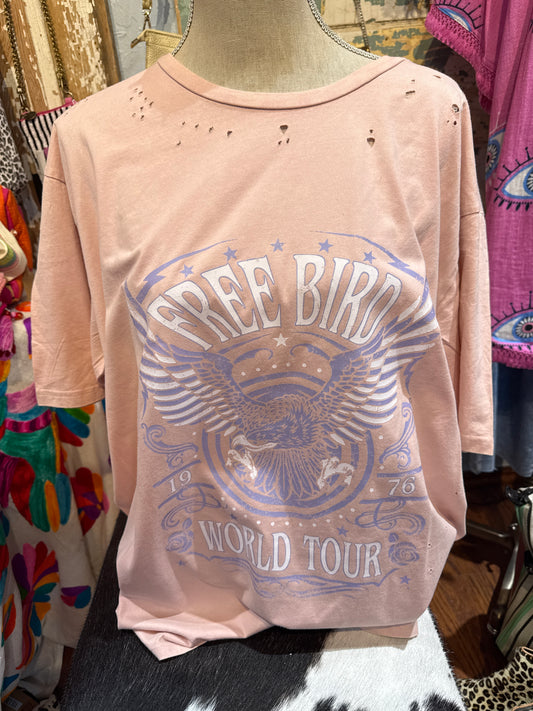 Blue Velvet Pink Free Bird Distressed Tee