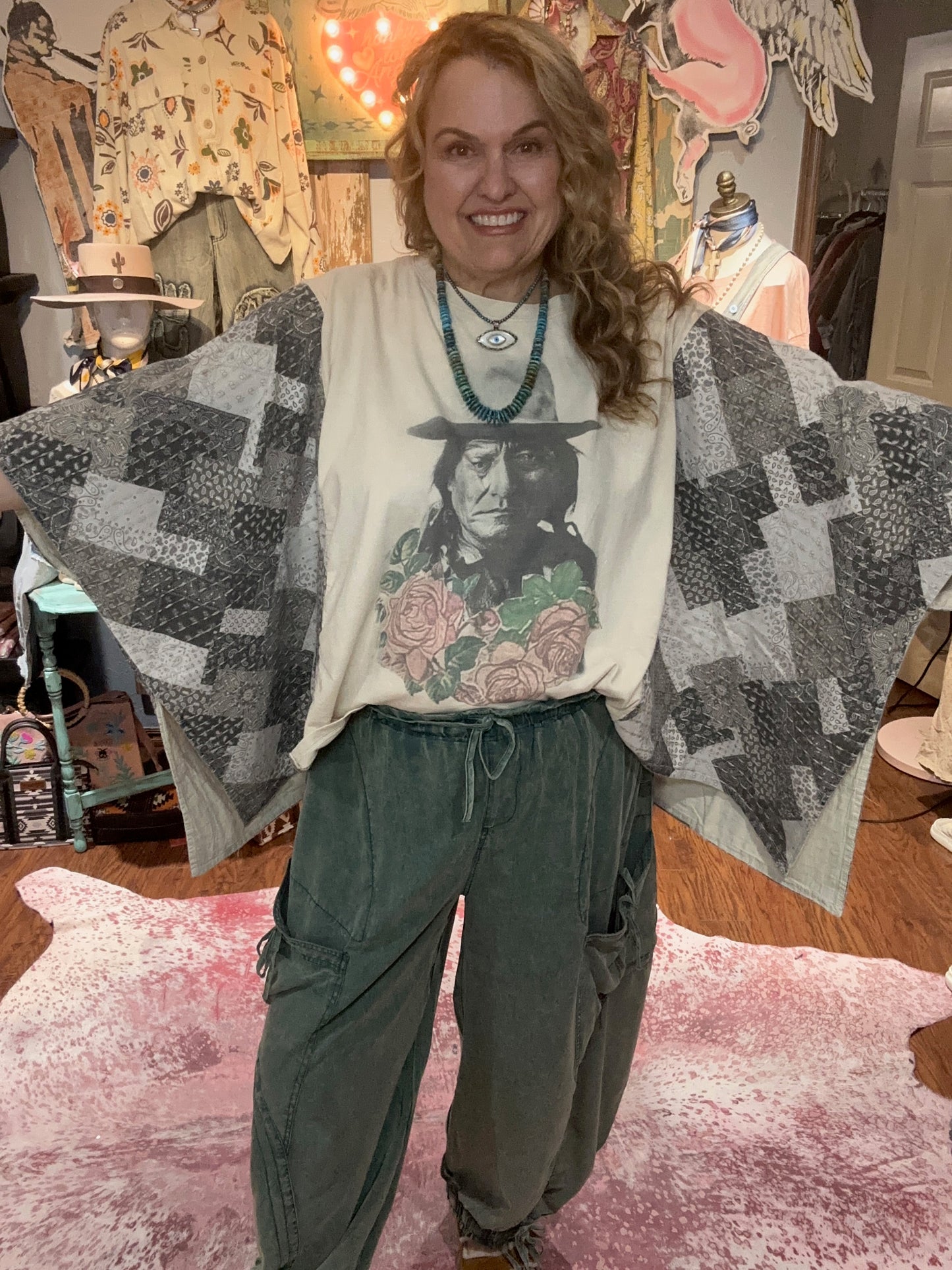 Blue Velvet Native American Print Quilted Sleeve Poncho Top