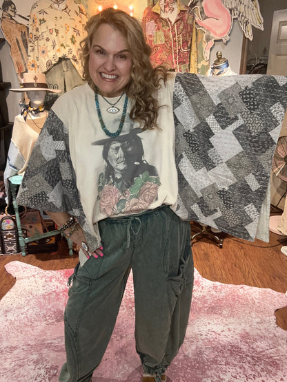 Blue Velvet Native American Print Quilted Sleeve Poncho Top