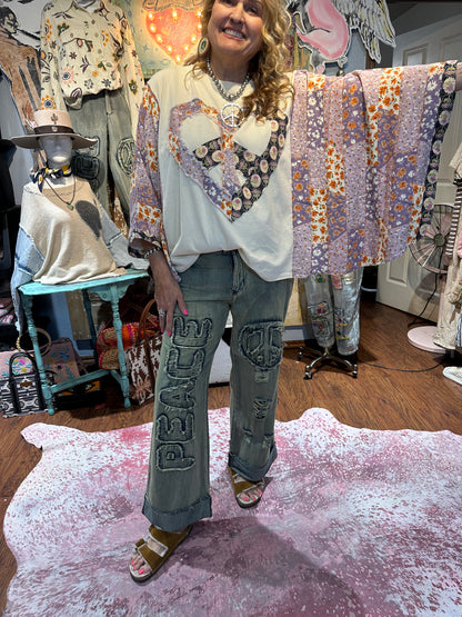 Blue Velvet Heart & Peace Kantha Poncho Sleeve Top