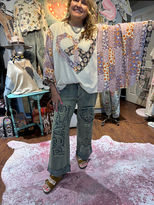 Blue Velvet Heart & Peace Kantha Poncho Sleeve Top