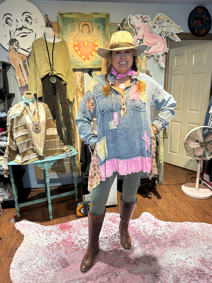Blue Velvet Pink Denim Patchwork Tunic